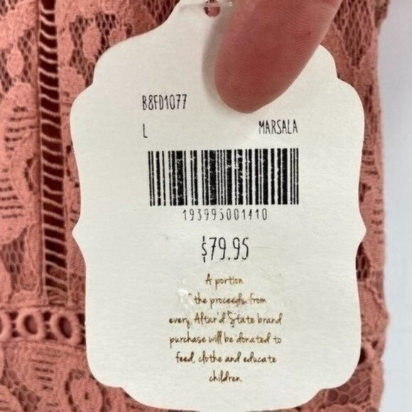 Altar'd State Pink Lace Overlay Marsala Wedding Sheath Large Short Sleeve Dress - Picture 3 of 6